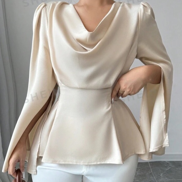 Elenzya Women's Solid Color Lapel Split Long Sleeve Elegant Blouse, Autumn - Picture 2 of 4